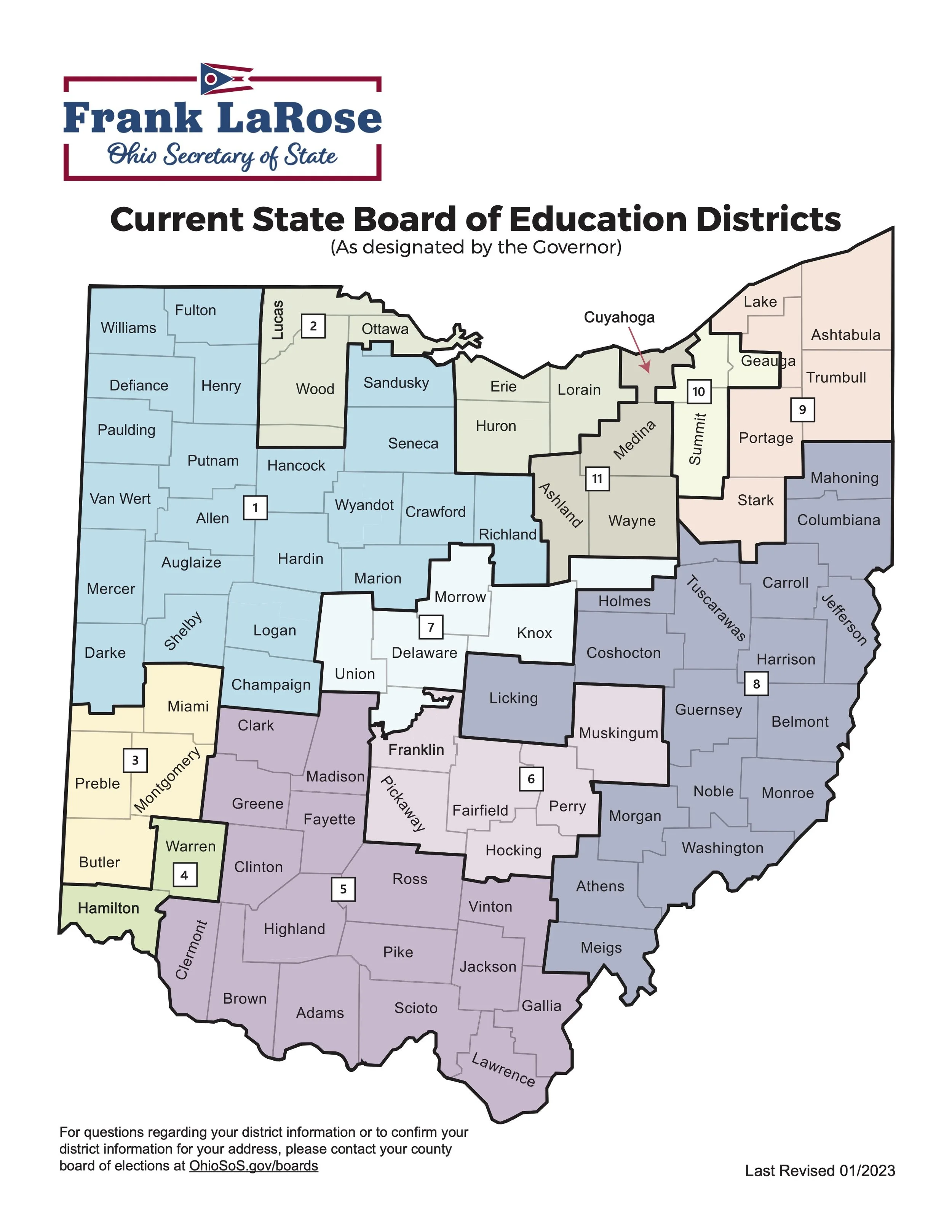 Map of Ohio highlighting current state Board of Education districts, each district is in a different color with district numbers and county names labeled.