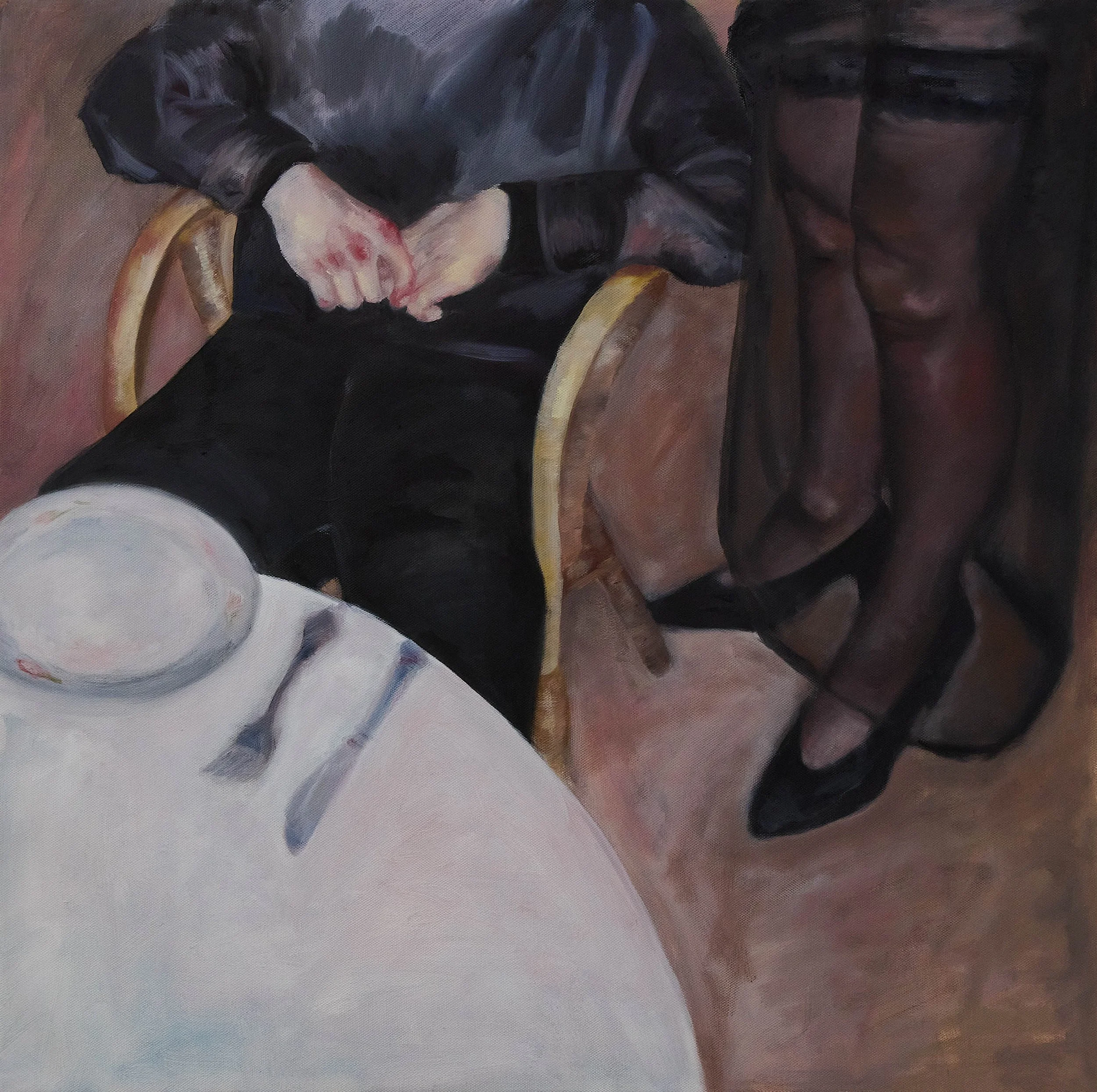 Fine Dining at the Abattoir, 2025, oil on canvas, 91 x 91 cm