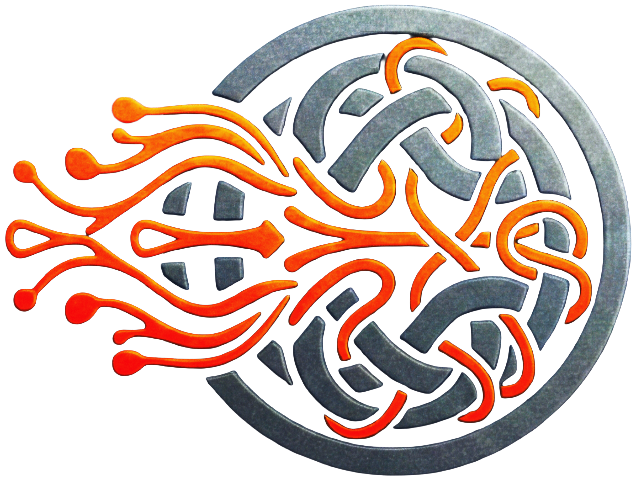An abstract metallic maze with orange pathways or fibers weaving through it.