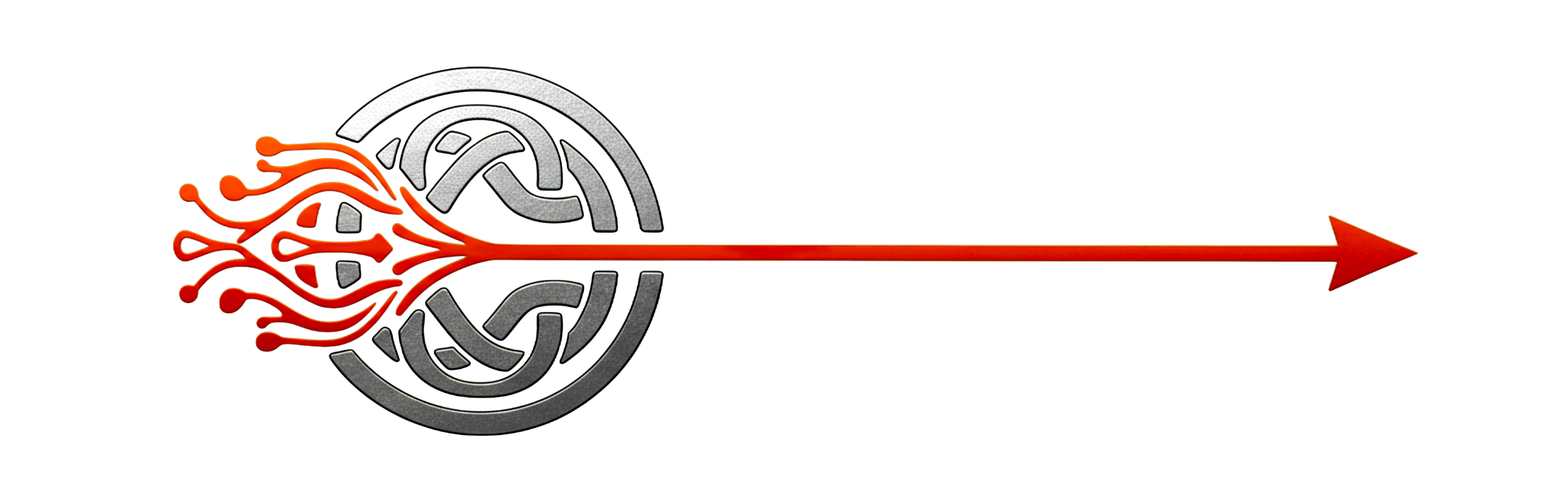 An illustration of a maze with a red and blue arrow entering from the left and exiting on the right, with red, blue, and orange lines indicating a route through the maze.