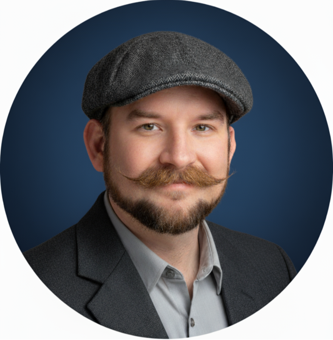 A man with a beard and mustache wearing a gray flat cap, gray shirt, and dark blazer against a blue background.