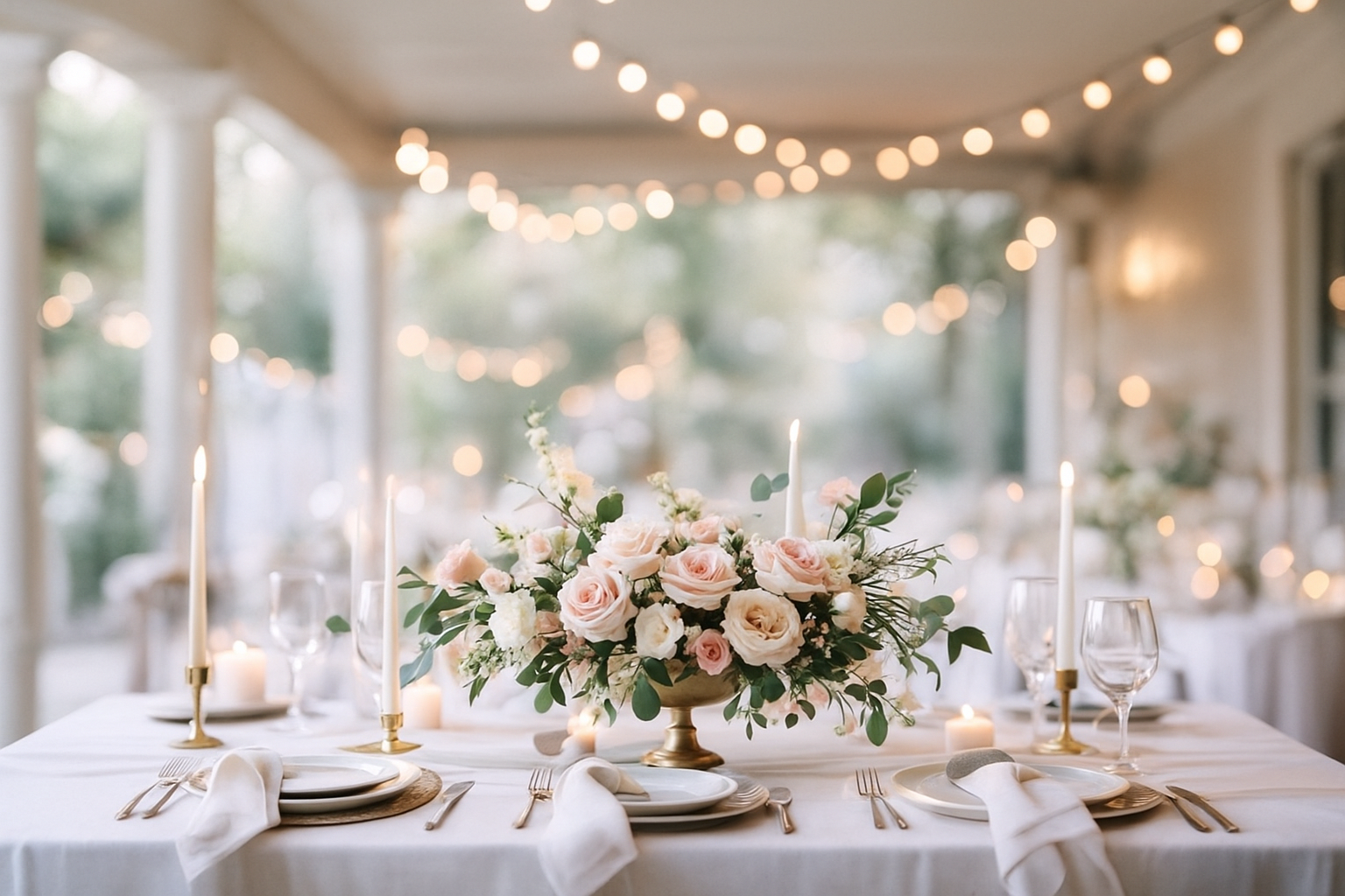 Elegant table setting with a large floral centerpiece, surrounded by candles, white plates, wine glasses, and silverware in a decorated outdoor or semi-outdoor venue with string lights overhead.