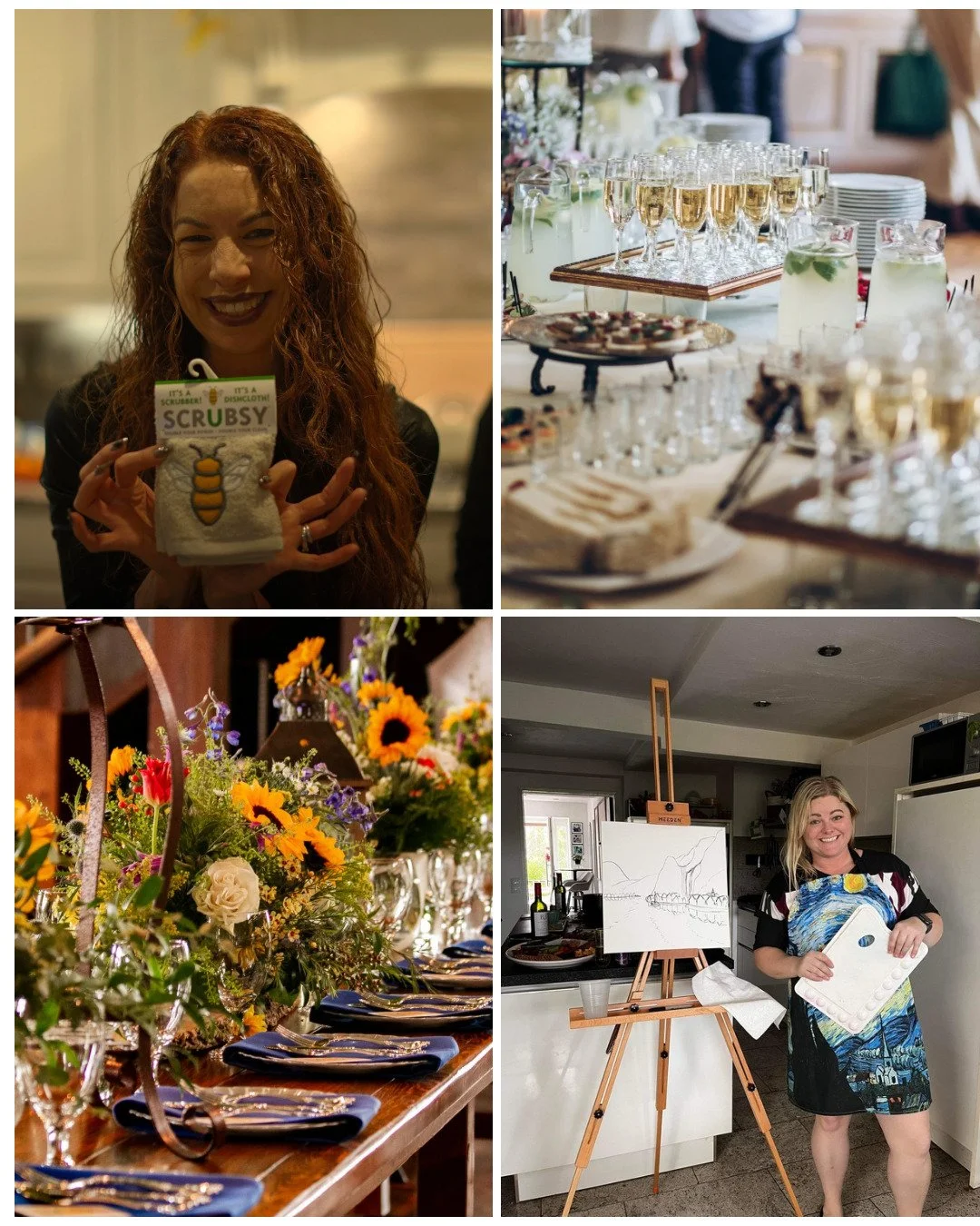 A collage of four images featuring a woman, a buffet table with drinks, a decorated table with floral centerpieces, and an artist with a painting.