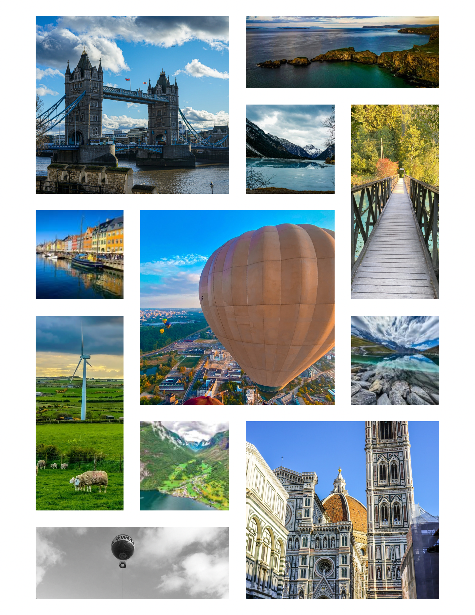 Collage of scenic landscapes and landmarks in Italy and beyond, including Tower Bridge in London, coastal and mountain views, a bridge through trees, colorful harbor, hot air balloons, a wind turbine, sheep in green fields, aerial view of a valley, a black and white hot air balloon, and Florence Cathedral in Italy.