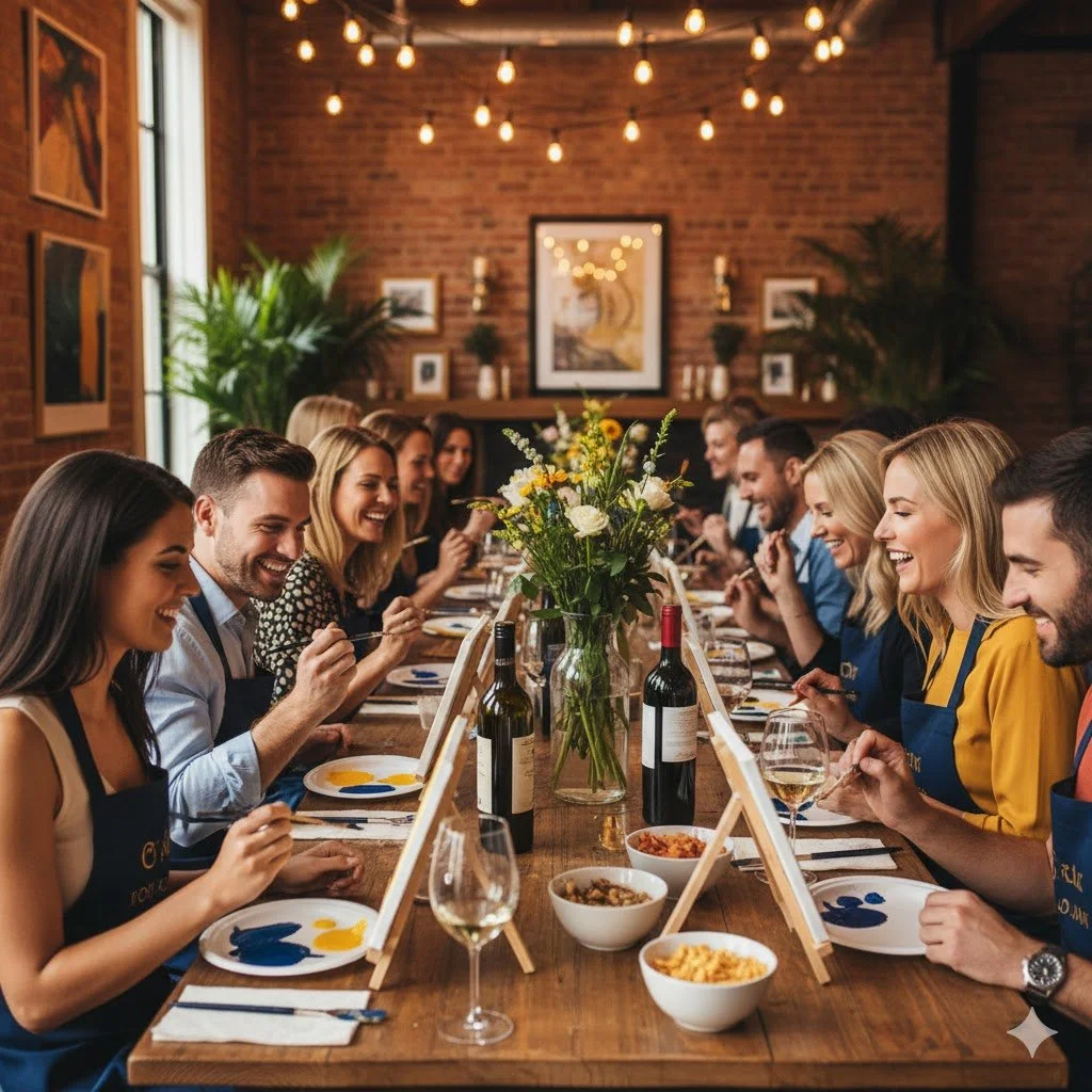 Group of people at a dining table with wine bottles, glasses, and bowls of food, celebrating with smiles in a cozy, decorated restaurant.