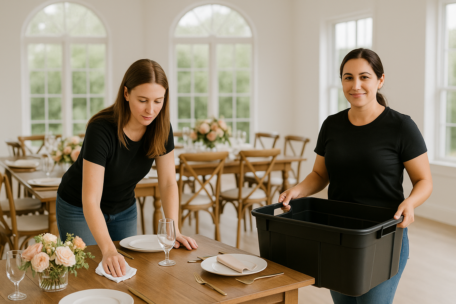 Two women preparing a dining table in a bright room with large windows. One woman is placing a napkin on a plate, while the other holds a large black storage box.