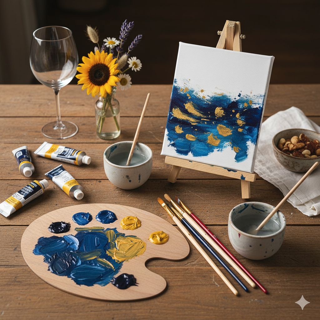 A painting setup on a wooden table featuring an abstract ocean-themed painting with blue and gold paint. There is an artist's palette with blue, black, and yellow paint, three paintbrushes, and two cups of water with paintbrushes. Also, a wine glass, a small vase with daisies and a sunflower, a bowl of mixed nuts, and a small canvas on an easel.