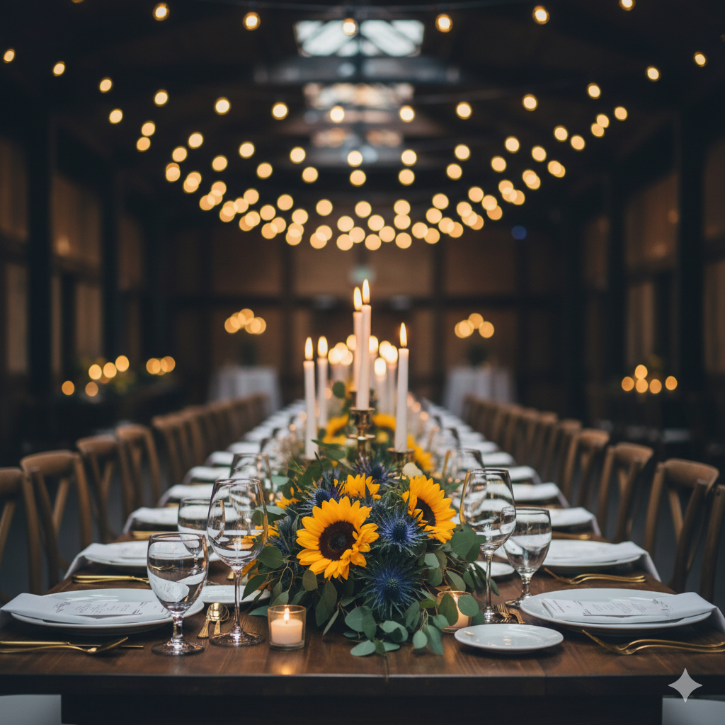 A long dining table decorated with sunflowers, blue flowers, candles, and wine glasses, set for a formal event in a dimly lit venue with string lights hanging from the ceiling.