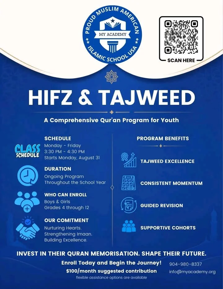 Join our Hifz &amp; Tajweed program at MY ACADEMY! 🌟 Perfect for boys and girls in grades 4-12, this comprehensive Qur'an program nurtures hearts and strengthens imaan. Classes run Monday to Friday, 3:30 PM - 4:30 PM, starting August 31. With suppor