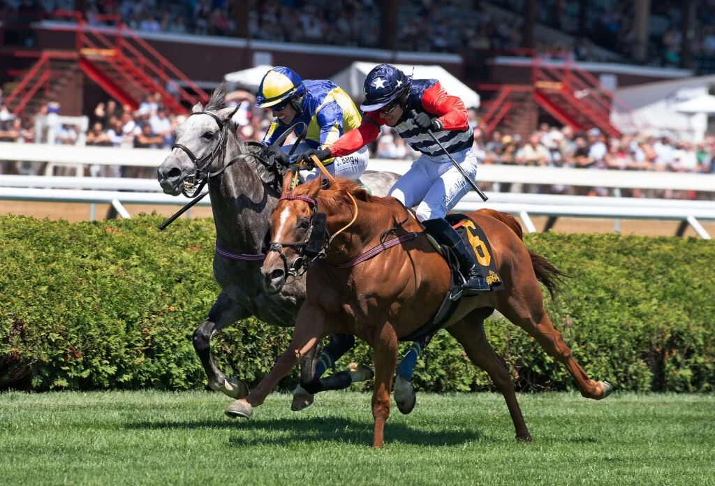 Two jockeys riding racehorses compete on a grassy racetrack with spectators watching in the background.