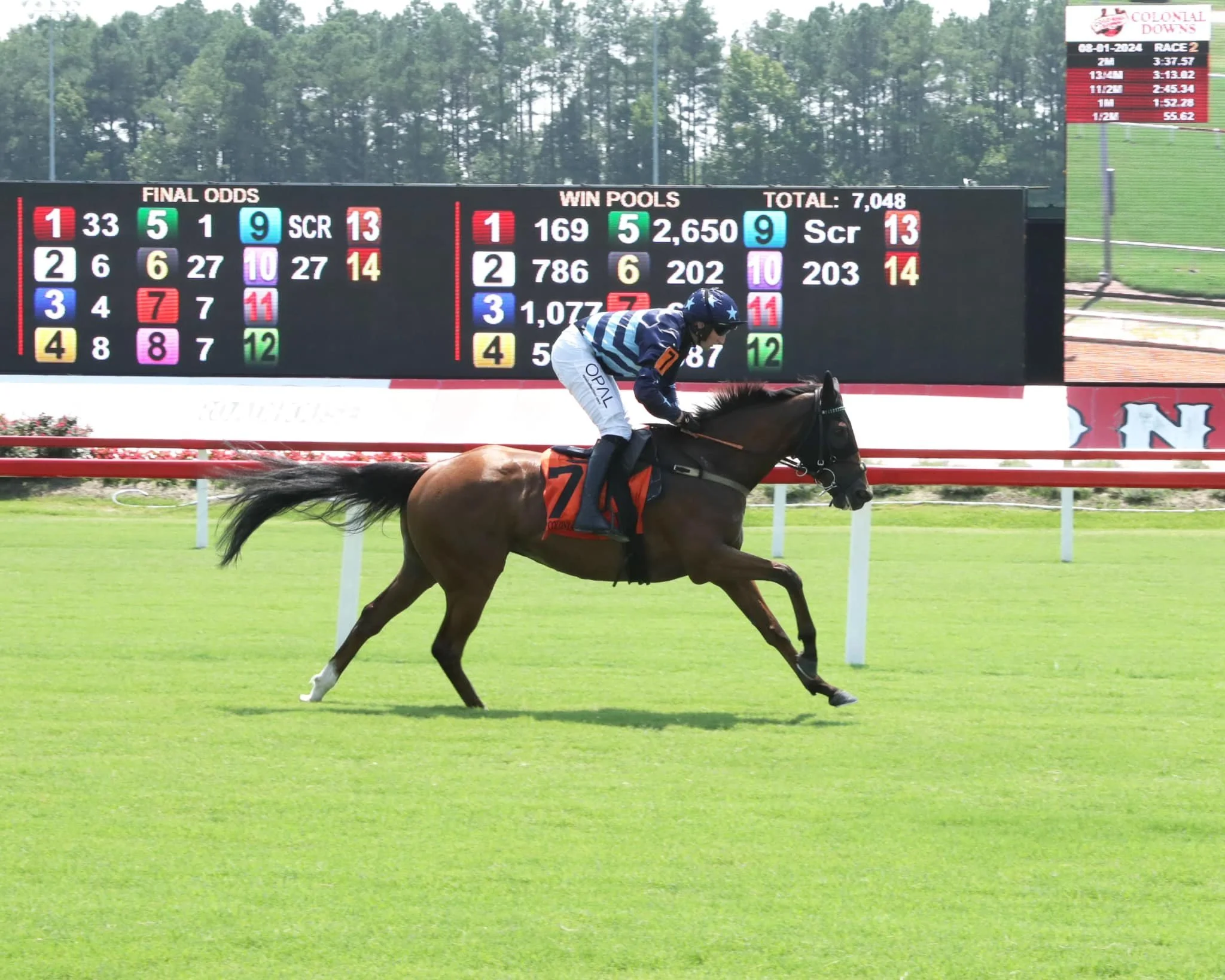 A jockey riding a brown horse on a racetrack with a digital scoreboard in the background showing various racing odds and statistics.