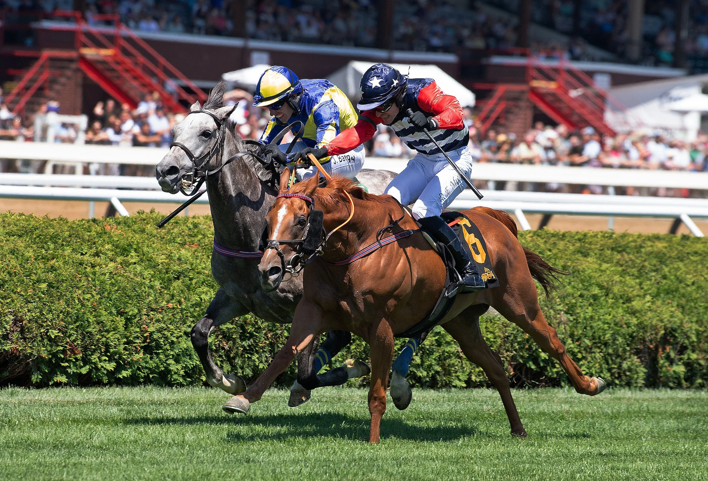 Two jockeys racing on horses on a grass track during a horse race with spectators watching in the background.
