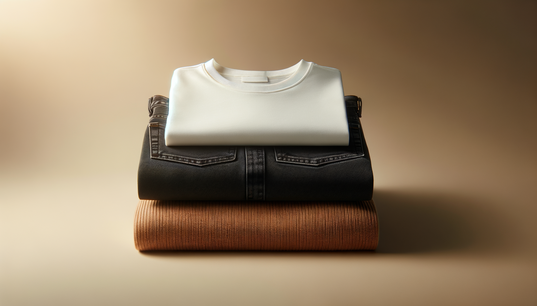 Stacked folded clothing with a white shirt on top, black jeans in the middle, and brown ribbed fabric at the bottom, against a plain beige background.