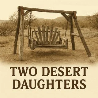 An empty wooden swing set in a desert landscape with the text "Two Desert Daughters" below.