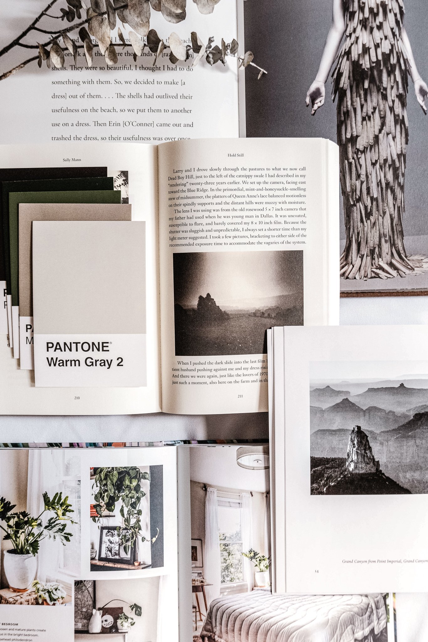 Open books, color swatch card labeled 'Pantone Warm Gray 2,' and black-and-white photographs of landscapes and interior decor on a table.