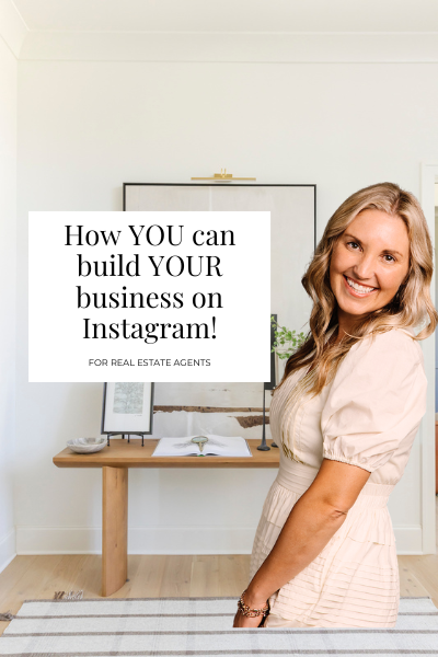 Mariah Koehle standing in a home office with a large sign that reads, 'How YOU can build YOUR business on Instagram! FOR REAL ESTATE AGENTS' in the background. Mariah Koehle is the founder of Mariah K Homes, a trusted Utah real estate brand helping b