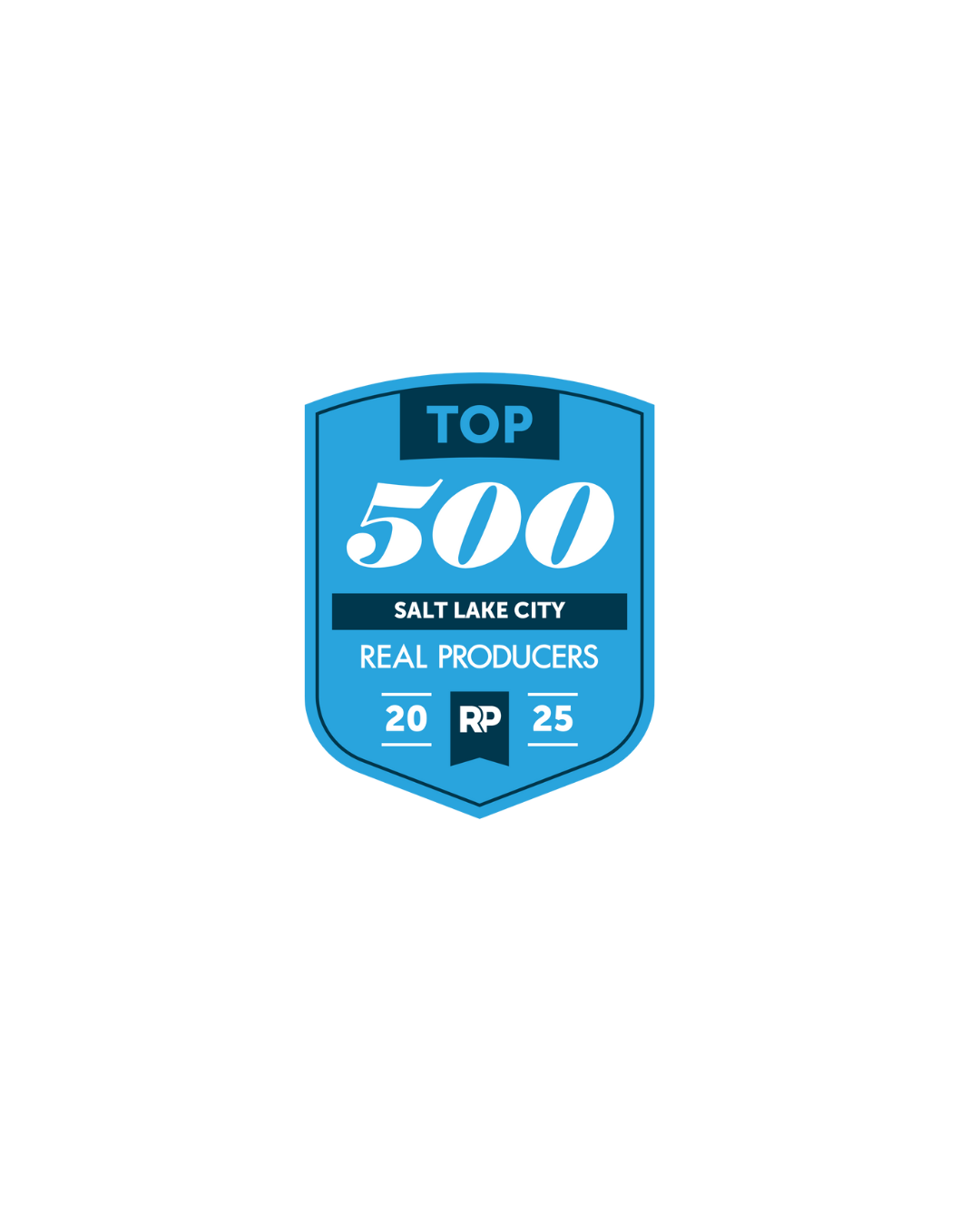 Logo for Salt Lake City top 500 real producers, dated 2020 to 2025, with blue shield design. Mairah K Homes founded by Mariah Koehle