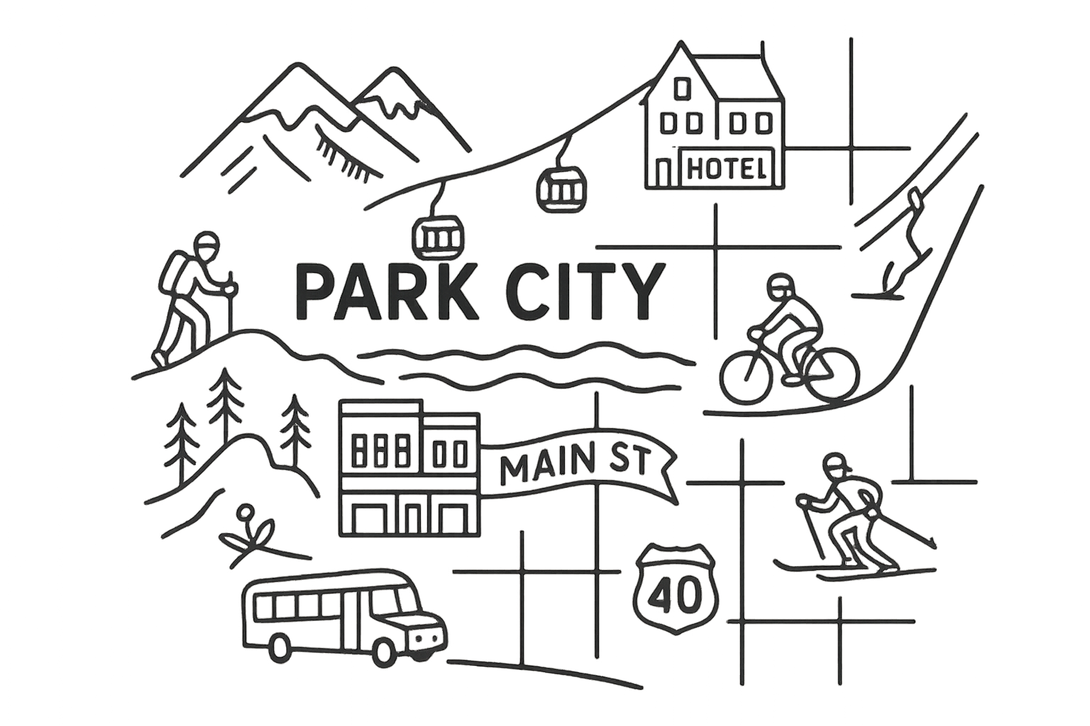 Line drawing of a mountain landscape with cable cars, a hotel, trees, and people hiking, biking, and skiing, with the words "Park City" and "Main St". Park City, Utah, showcasing mountain living and luxury lifestyle.