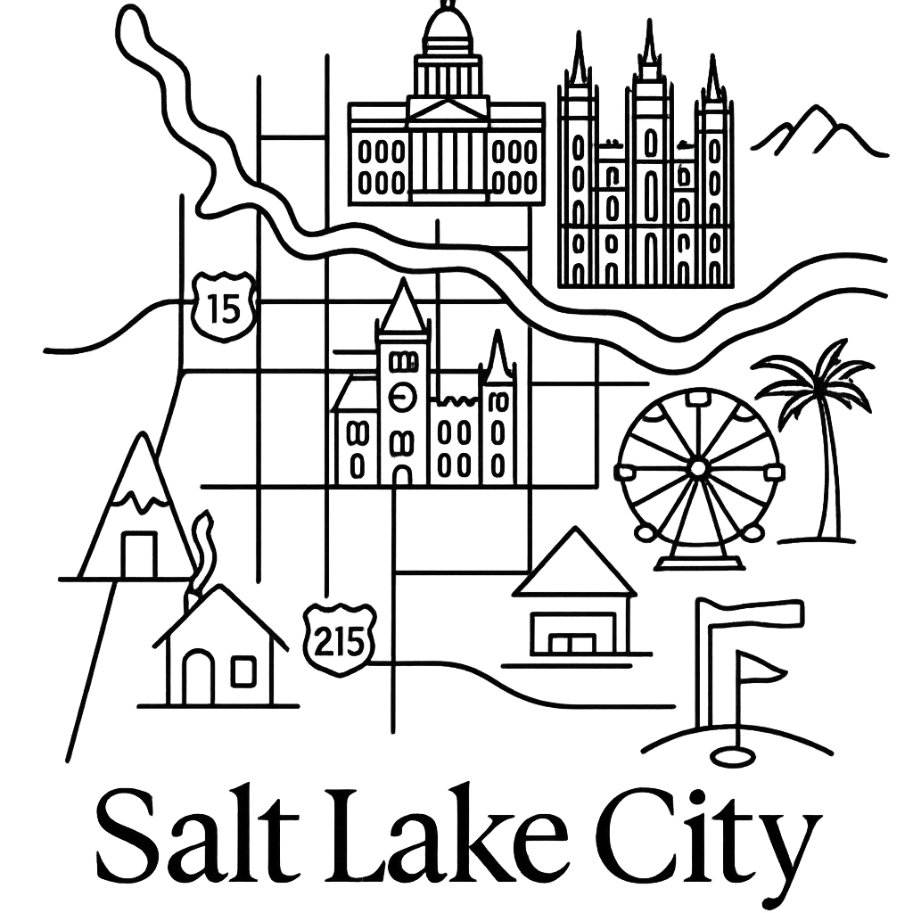 Line drawing map of Salt Lake City, Utah with landmarks including the Salt Lake Temple, Capitol Building, mountain, house, Ferris wheel, golf hole, and a palm tree. Salt Lake City, Utah, blending city life and mountain scenery.