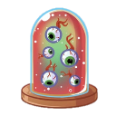A glass jar filled with cartoonish, colorful eyeballs with different expressions, set against a black background.