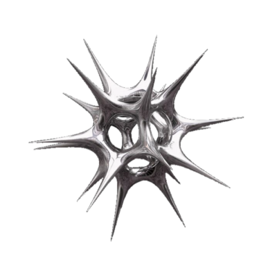 A metallic, spiky 3D abstract shape against a black background.