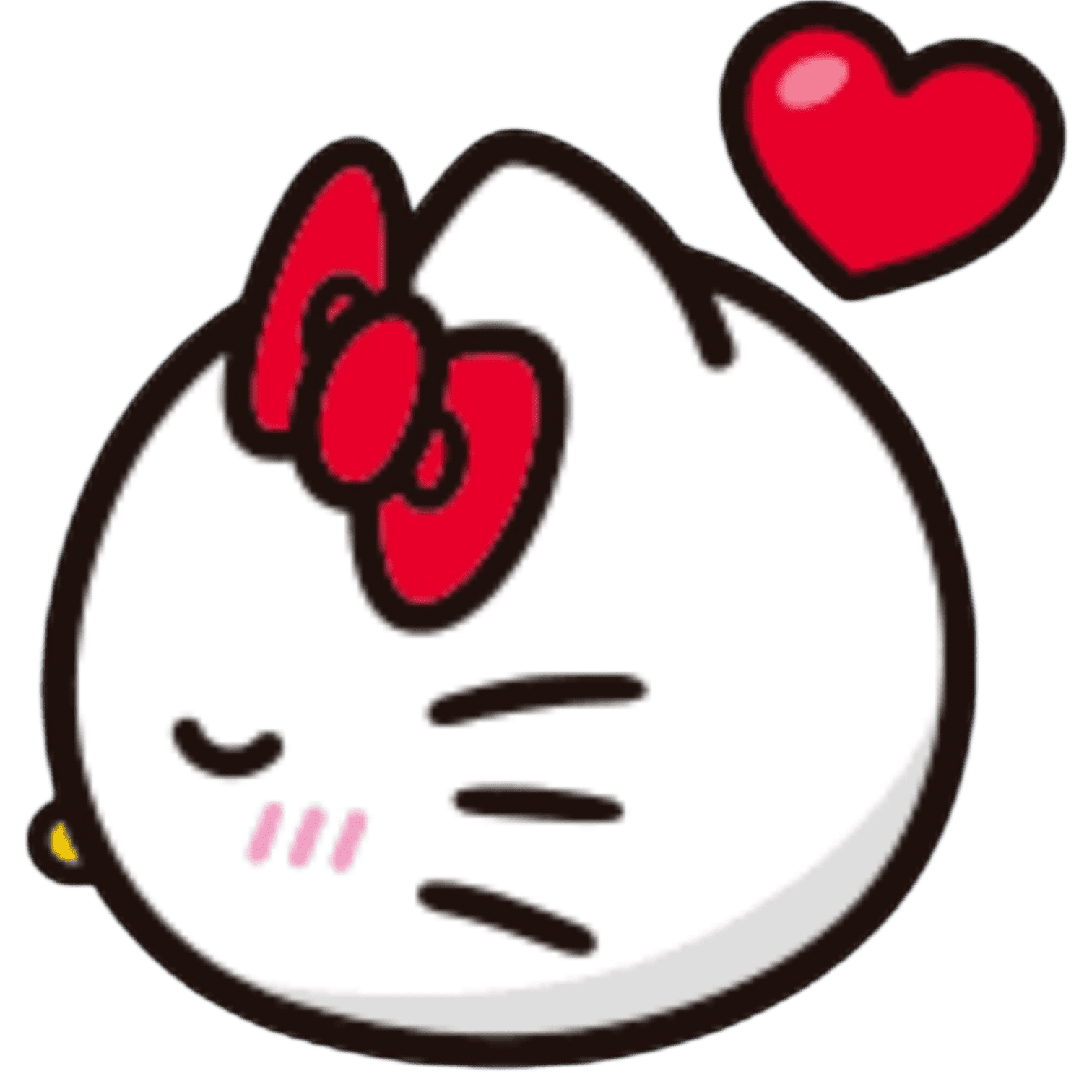 Cute cartoon of a white cat's face with closed eyes, blushing cheeks, a red bow on its head, and a red heart floating above