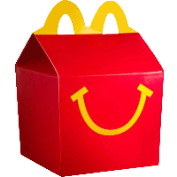 Red shopping bag with yellow handles and smiley face design