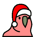 Cartoon parrot wearing a Santa hat with a purple background.