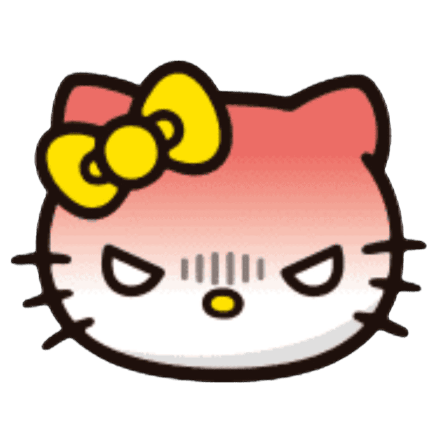 A cartoon depiction of Hello Kitty with an angry expression, pink bow with yellow polka dots on her head, and black whiskers, against a black background.