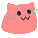 A pink cartoon cat face with black eyes, a small nose, and a zigzag mouth.