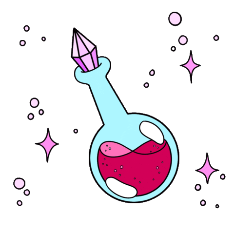 A cartoon illustration of a potion bottle with pink liquid and a crystal stopper, surrounded by sparkles and bubbles on a purple background.