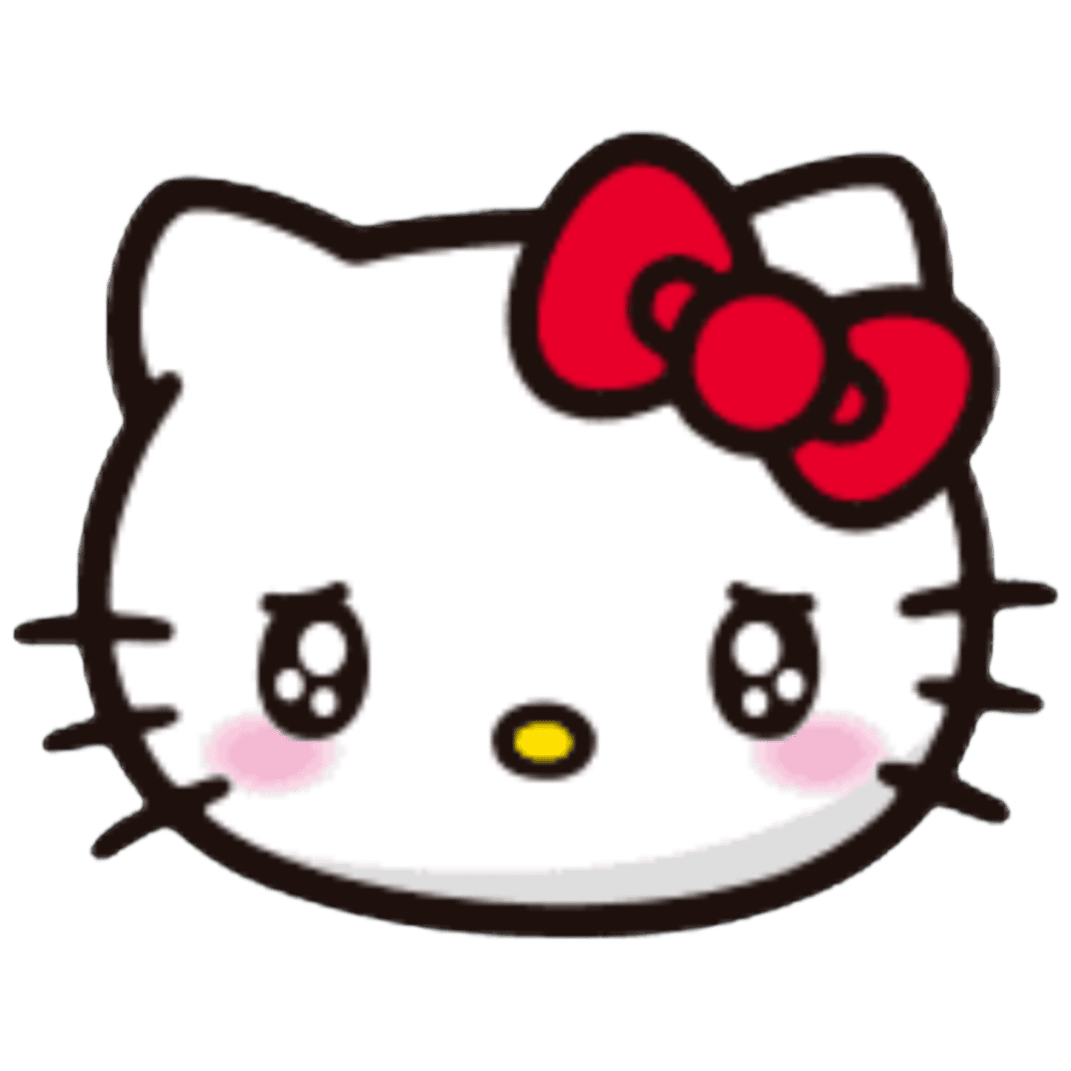 Cute Hello Kitty face with a red bow, pink cheeks, and black eyes on a transparent background.
