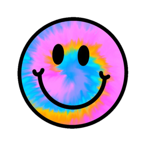 Colorful tie-dye smiley face with black eyes and a curved black smile on a black background.