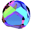 A colorful, faceted crystal ball with a rainbow-like spectrum of colors.