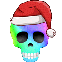 Colorful skull wearing a red Santa hat with a white pom-pom