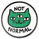 A cartoon cat face with green fur and a serious expression, inside a circle with the words 'NOT NORMAL'.