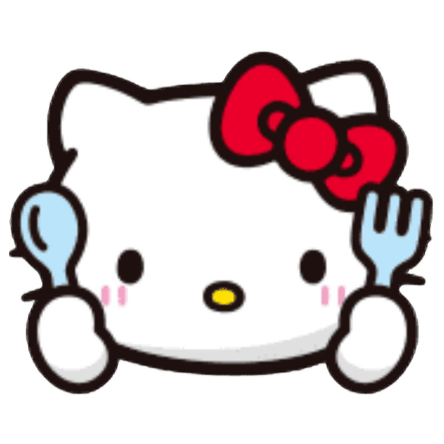 Hello Kitty character with a red bow, holding a fork and a spoon, with a cute expression.