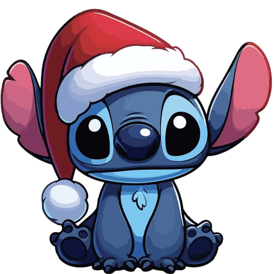 Cute cartoon of Stitch from Lilo & Stitch wearing a red Santa hat with white trim and pom-pom, and raising one arm.