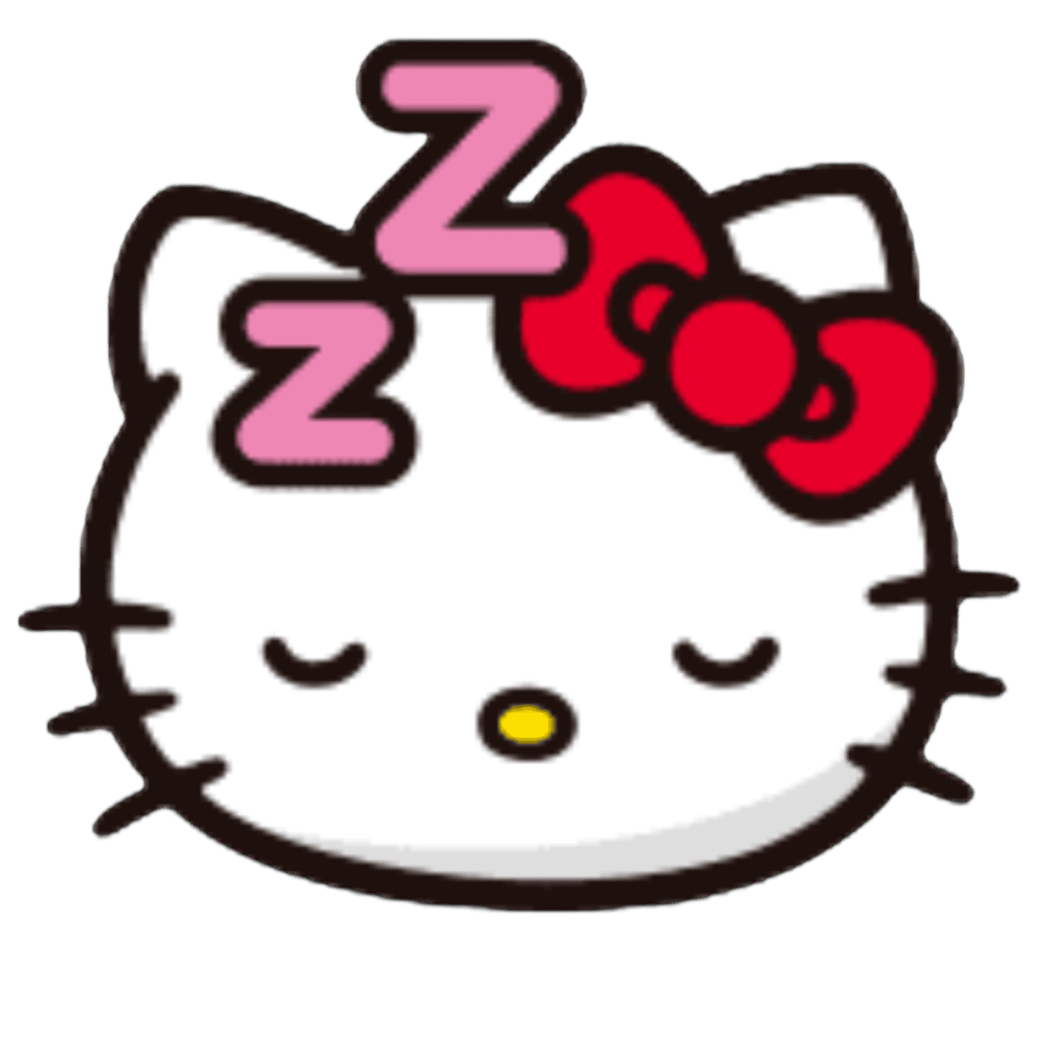 Hello Kitty's head with closed eyes, a red bow on her left ear, and pink 'Zzz' symbols indicating sleeping.