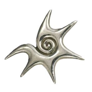 A shiny silver starburst-shaped pin with a central spiral design.