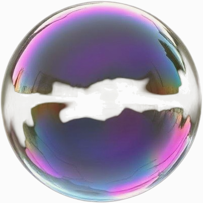 A reflective, iridescent sphere with colorful, rainbow-like hues, showing a distorted reflection of a landscape with water, trees, and sky.
