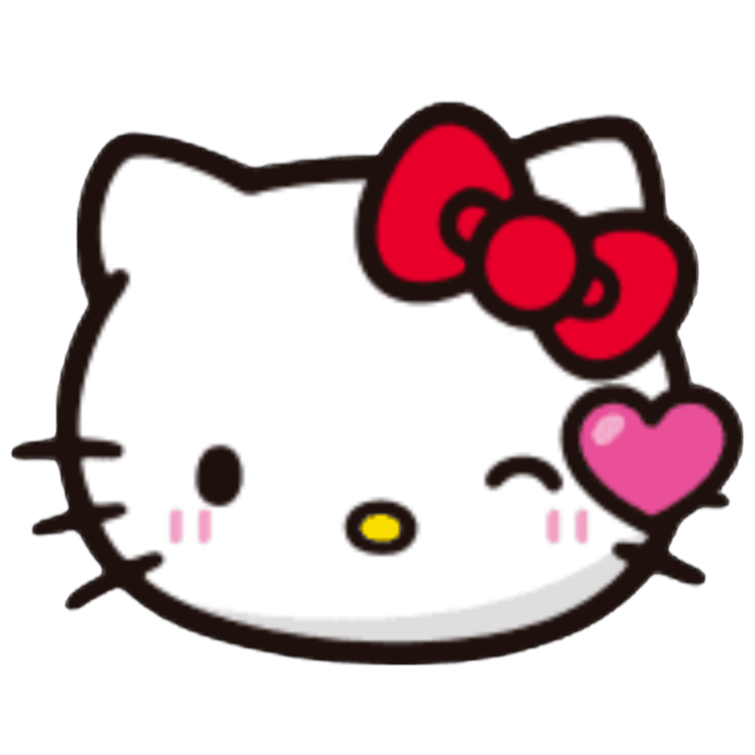 Cute Hello Kitty face with a red bow, winking eye, and pink blushes, holding a pink heart.