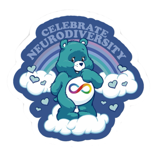A cute blue bear holding a heart-shaped speech bubble with an infinity symbol, surrounded by clouds, with a rainbow background. Text above reads "Celebrate Neurodiversity."