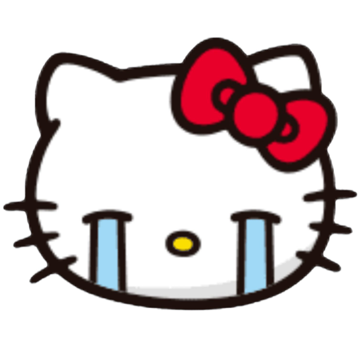 Hello Kitty face illustration with tears, red bow, and closed eyes.
