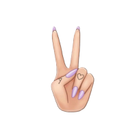 Hand making a peace sign with two fingers, painted nails in light purple.