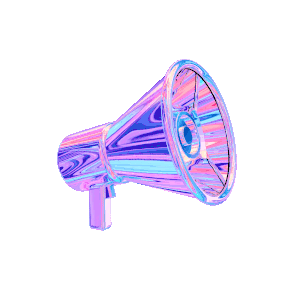 A colorful, shiny megaphone with blue and pink reflections on a purple background.