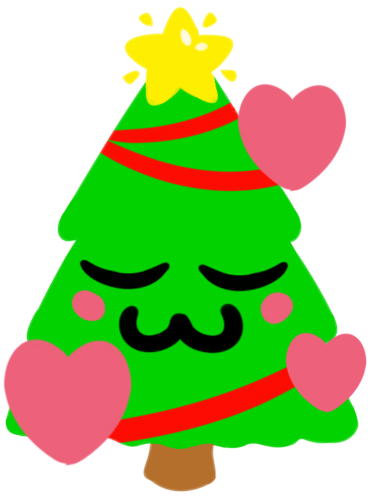A cute cartoon Christmas tree with a smiling face, closed eyes, pink cheeks, and pink hearts as hands, decorated with yellow star on top, red garland, and yellow ornaments.