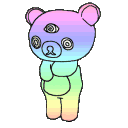 Cartoon bear with rainbow-colored body and purple head, with a light blue face and closed eyes.