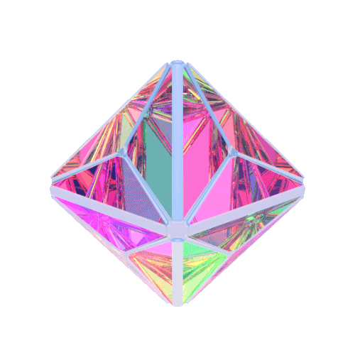 A colorful, holographic, pyramid-shaped geometric sculpture with reflective surfaces.