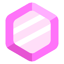 A pink and purple hexagonal shape with white diagonal stripes inside